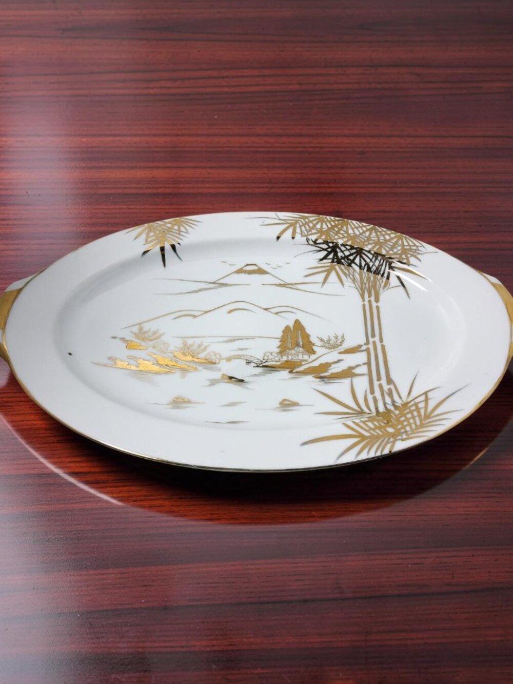 Vintage Japan Kutani Gold Trim Mt. Fuji Mountain Village Serving Platter.